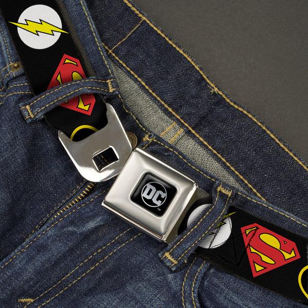 Buckle Down DC Round Logo Black/Silver Seatbelt Belt - Justice League Superhero Logos Webbing