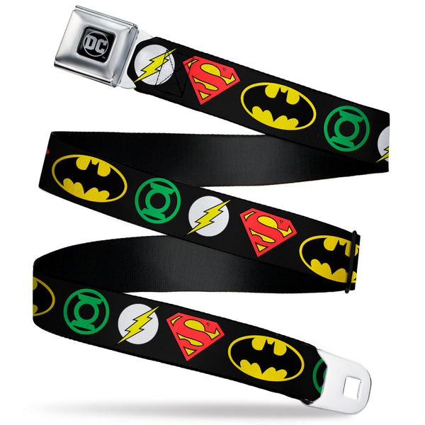 buckle down DC Round Logo Black/Silver Seatbelt Belt - Justice League Superhero Logos Webbing