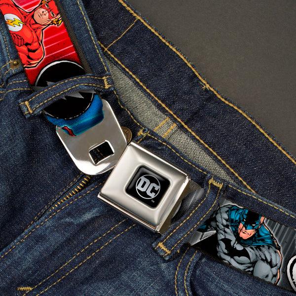 Buckle Down DC Round Logo Black/Silver Seatbelt Belt - Justice League Elite Forces Superheroes Pose/Logos Webbing