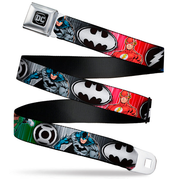 buckle down DC Round Logo Black/Silver Seatbelt Belt - Justice League Elite Forces Superheroes Pose/Logos Webbing