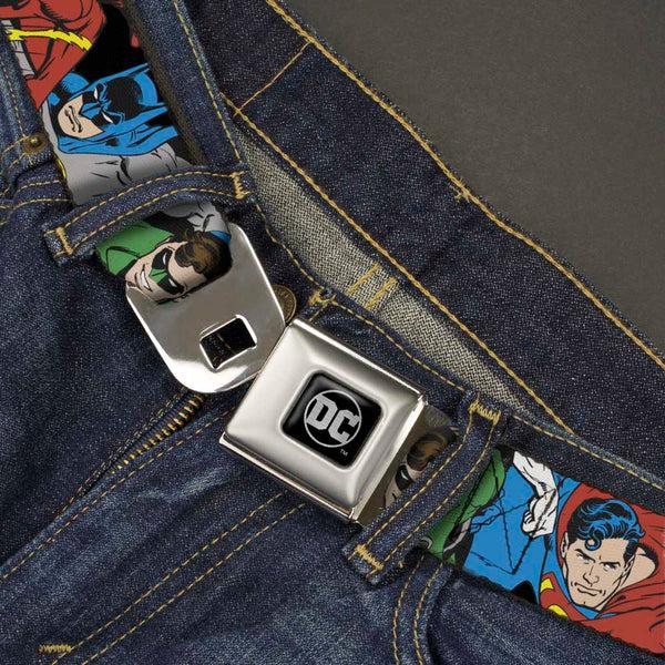 Buckle Down DC Round Logo Black/Silver Seatbelt Belt - Justice League Superheroes CLOSE-UP New Webbing
