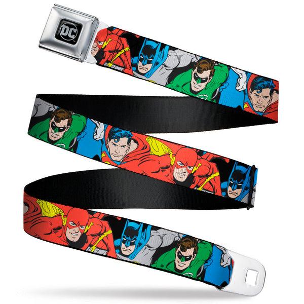 buckle down DC Round Logo Black/Silver Seatbelt Belt - Justice League Superheroes CLOSE-UP New Webbing