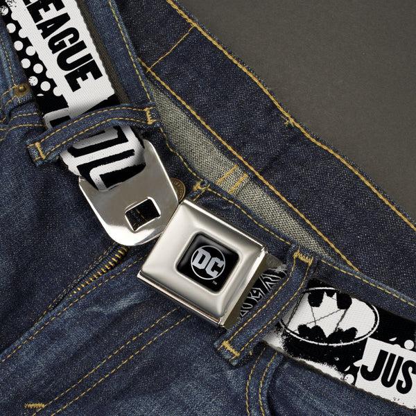 Buckle Down DC Round Logo Black/Silver Seatbelt Belt - JUSTICE LEAGUE Superheroes Retro Pop White/Black Webbing