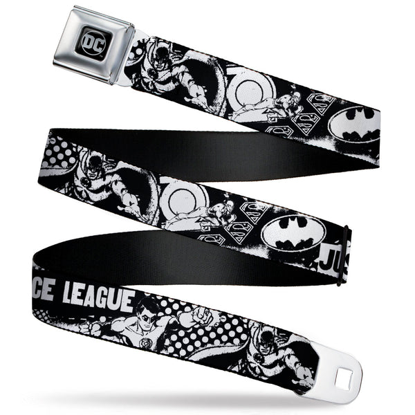 buckle down DC Round Logo Black/Silver Seatbelt Belt - JUSTICE LEAGUE Superheroes Retro Pop White/Black Webbing