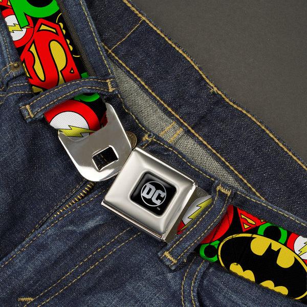 Buckle Down DC Round Logo Black/Silver Seatbelt Belt - Justice League Stacked Logos Webbing