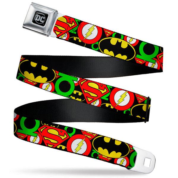 buckle down DC Round Logo Black/Silver Seatbelt Belt - Justice League Stacked Logos Webbing