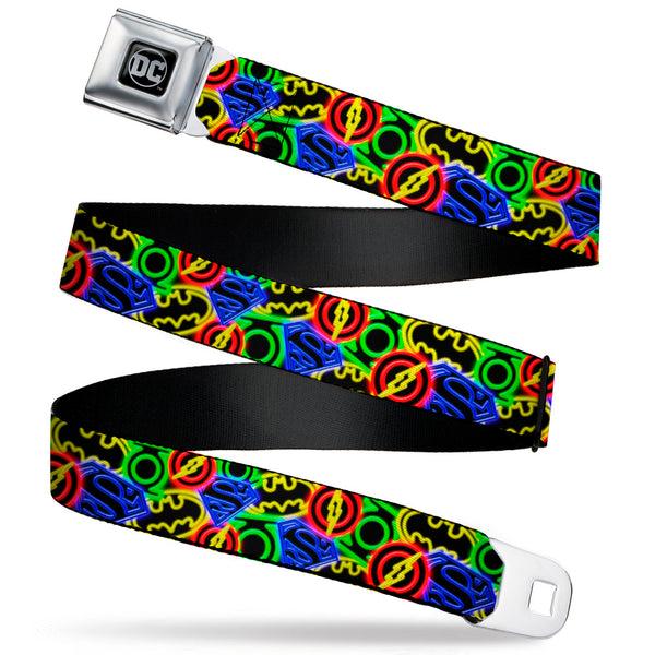 buckle down DC Round Logo Black/Silver Seatbelt Belt - Justice League Electric Logos Stacked Black/Multi Neon Webbing