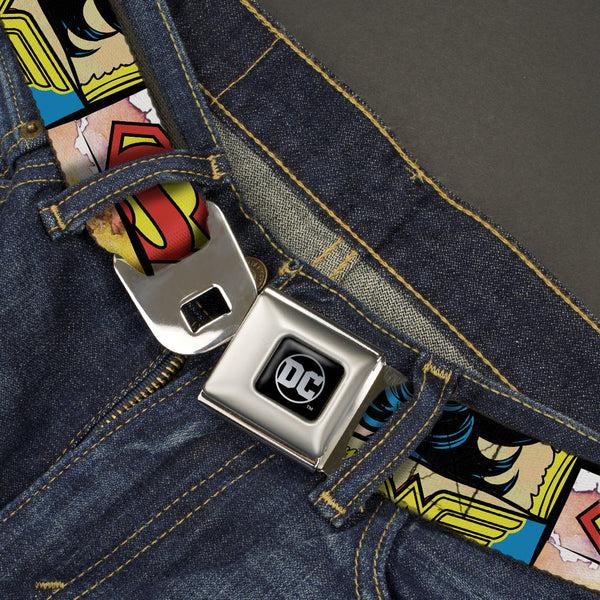 Buckle Down DC Round Logo Black/Silver Seatbelt Belt - Superheroines Wonder Woman/Supergirl/Batgirl Webbing