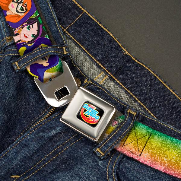 Buckle Down DC SUPERHERO GIRLS Logo Full Color Black Gold Red Blue Seatbelt Belt - DC SUPERHERO GIRLS 9-Character Group Pose Green/Yellow/Pink-Fade Webbing