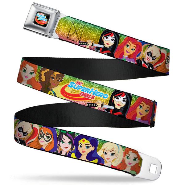 buckle down DC SUPERHERO GIRLS Logo Full Color Black Gold Red Blue Seatbelt Belt - DC SUPERHERO GIRLS 9-Character Group Pose Green/Yellow/Pink-Fade Webbing