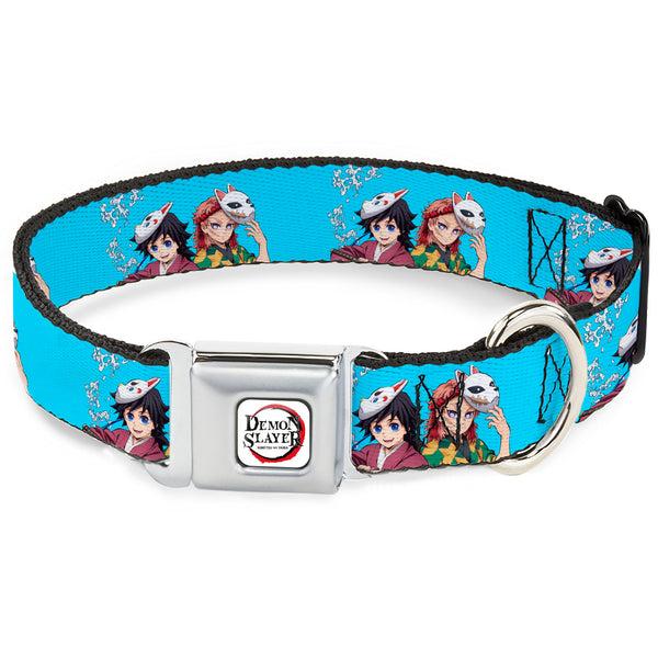 buckle down DEMON SLAYER Title Logo Full Color White Seatbelt Buckle Collar - Demon Slayer Giyu and Sabito Warding Mask Pose Blue