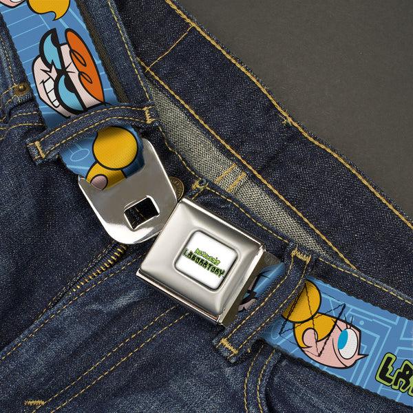 Buckle Down DEXTER'S LABORATORY Title Logo Full Color White/Black/Green Seatbelt Belt - DEXTER'S LABORATORY Title Logo With Dexter And Dee Dee Expressions Blues Webbing