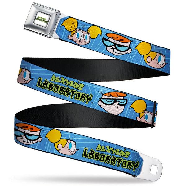 buckle down DEXTER'S LABORATORY Title Logo Full Color White/Black/Green Seatbelt Belt - DEXTER'S LABORATORY Title Logo with Dexter and Dee Dee Expressions Blues Webbing