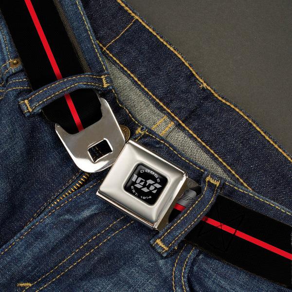 Buckle Down Dodge 100th Anniversary Logo Brushed Silver Black Seatbelt Belt - Dodge 100th Anniversary Logo/Stripe Black/Red Webbing