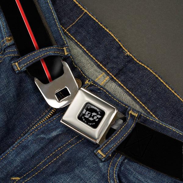 Buckle Down Dodge 100th Anniversary Logo Brushed Silver Black Seatbelt Belt - Dodge 100th Anniversary Rhombus/Stripe Black-Gray Swirl/Red Webbing