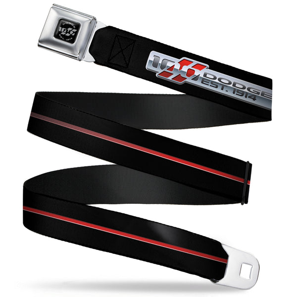 buckle down Dodge 100th Anniversary Logo Brushed Silver Black Seatbelt Belt - Dodge 100th Anniversary Rhombus/Stripe Black-Gray Swirl/Red Webbing