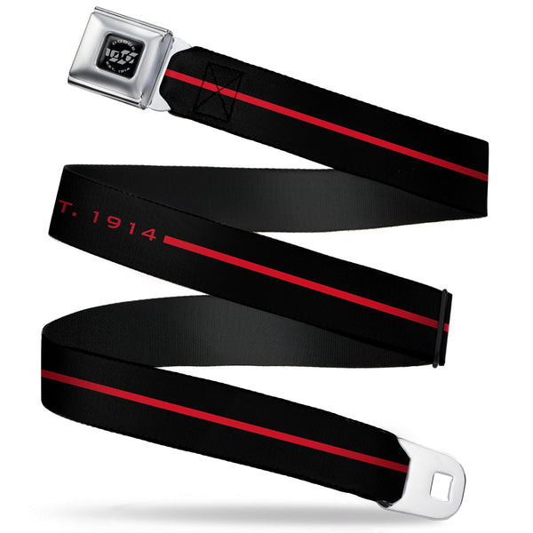 buckle down Dodge 100th Anniversary Logo Brushed Silver Black Seatbelt Belt - Dodge 100th Anniversary Logo/Stripe Black/Red Webbing