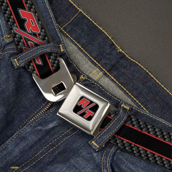 Buckle Down Dodge Challenger R T Emblem Full Color Black White Red Seatbelt Belt - Dodge Challenger R/T Emblem/Carbon Fiber Stripe Grays/Black/Red Webbing