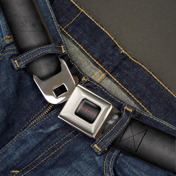 Buckle Down DODGE Full Color Gray Red Seatbelt Belt - Dodge 100th Anniversary Logo Black-Gray Fade/Red Webbing
