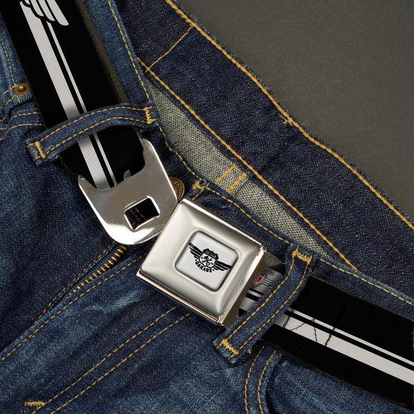 Buckle Down DODGE GARAGE Emblem Full Color Light Gray Black Seatbelt Belt - DODGE GARAGE Emblem Stripe Black/White Webbing