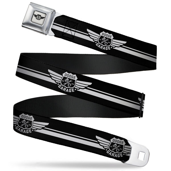 buckle down DODGE GARAGE Emblem Full Color Light Gray Black Seatbelt Belt - DODGE GARAGE Emblem Stripe Black/White Webbing