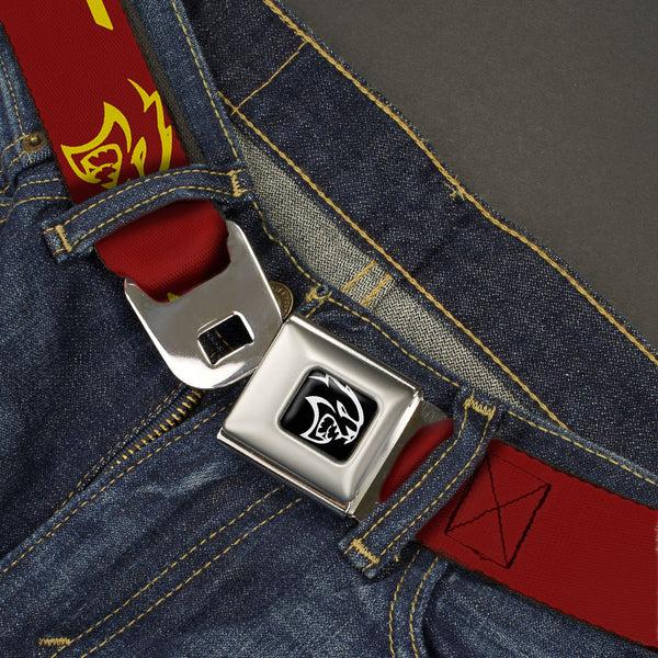Buckle Down Dodge Hellcat Logo Full Color Black White Seatbelt Belt - Dodge SRT/Hellcat Logo Burgundy/Yellow Webbing