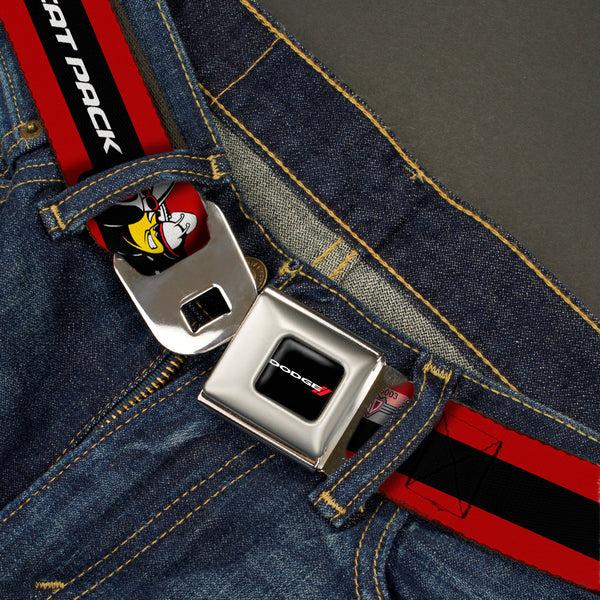Buckle Down Dodge Red Rhombus Full Color Seatbelt Belt - Dodge SCAT PACK Badge Logo Stripe Red/Black/White Webbing