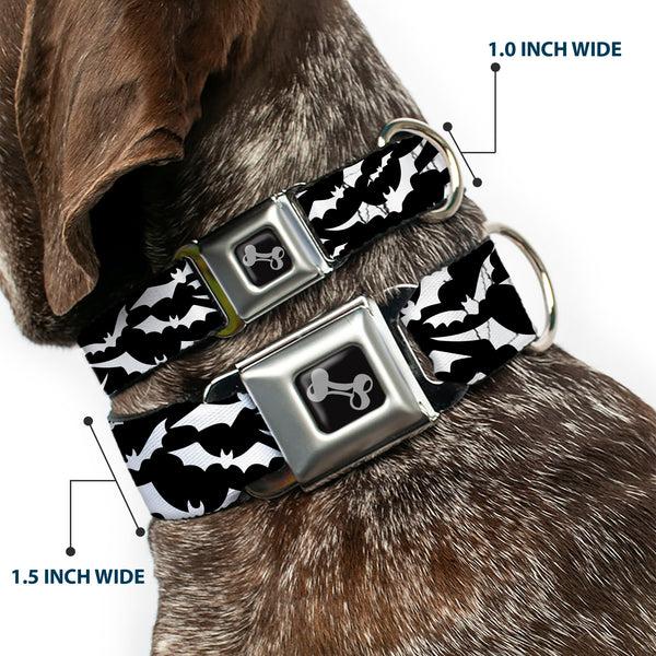Buckle Down Dog Bone Black/Silver Seatbelt Buckle Collar - Bats Flying Scattered Black/White