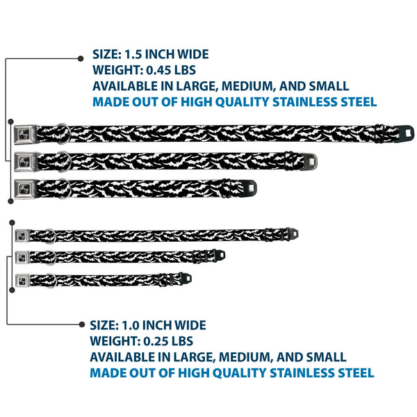 Buckle Down Dog Bone Black/Silver Seatbelt Buckle Collar - Bats Flying Scattered Black/White