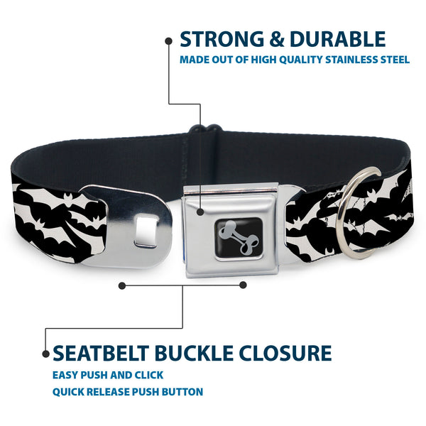 Buckle Down Dog Bone Black/Silver Seatbelt Buckle Collar - Bats Flying Scattered Black/White