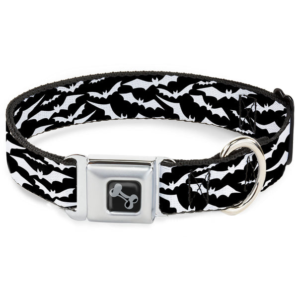 buckle down Dog Bone Black/Silver Seatbelt Buckle Collar - Bats Flying Scattered Black/White