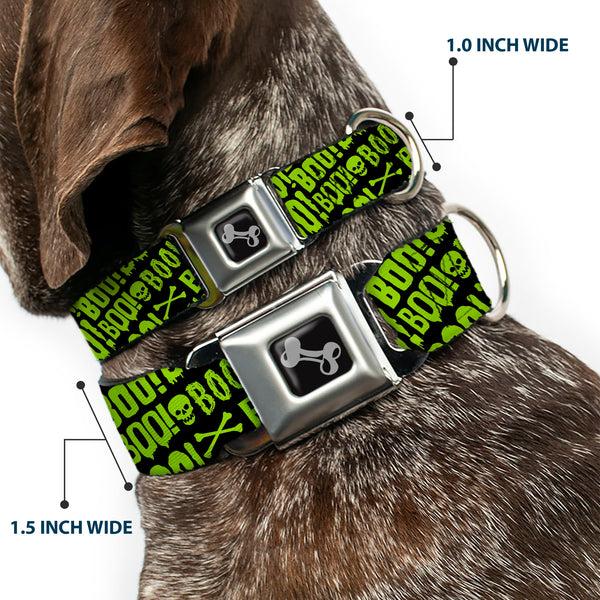 Buckle Down Dog Bone Black/Silver Seatbelt Buckle Collar - BOO Text Skull And Crossbones Black/Green