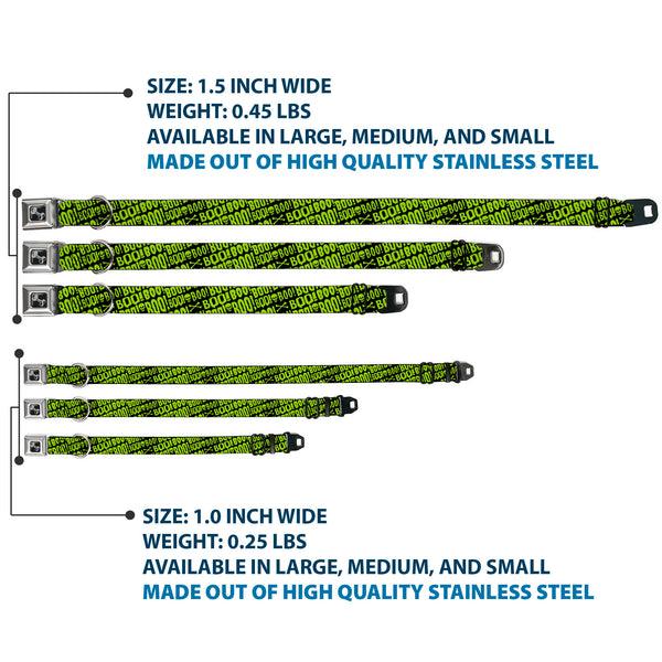 Buckle Down Dog Bone Black/Silver Seatbelt Buckle Collar - BOO Text Skull And Crossbones Black/Green