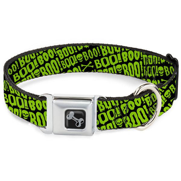 buckle down Dog Bone Black/Silver Seatbelt Buckle Collar - BOO Text Skull and Crossbones Black/Green