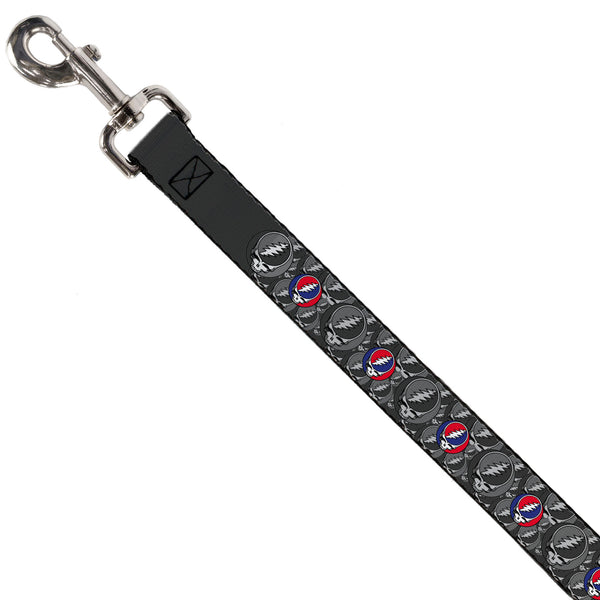 Buckle Down Dog Leash - GRATEFUL DEAD Text And Skull And Roses Round Logo Black/Yellow