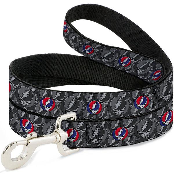 buckle down Dog Leash - GRATEFUL DEAD Text and Skull and Roses Round Logo Black/Yellow