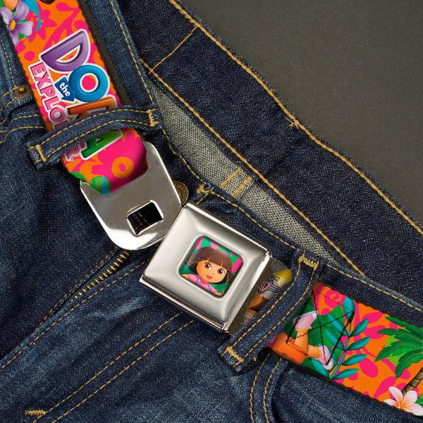 Buckle Down Dora Pose Full Color Pink/Green Seatbelt Belt - DORA THE EXPLORER Dora Poses/Floral Collage Orange/Pink Webbing