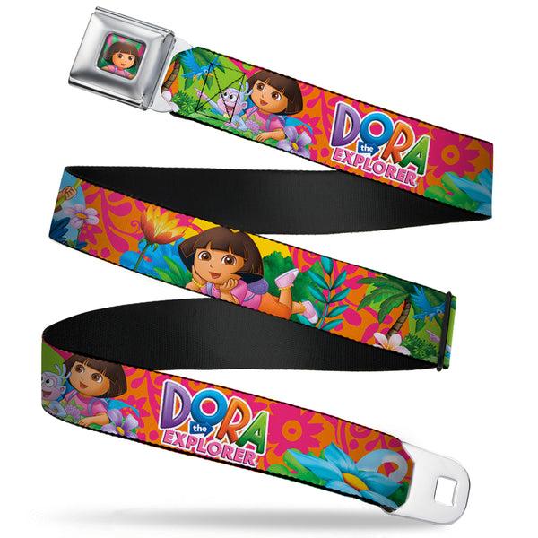 Buckle Down Dora Pose Full Color Pink/Green Seatbelt Belt - DORA THE EXPLORER Dora Poses/Floral Collage Orange/Pink Webbing