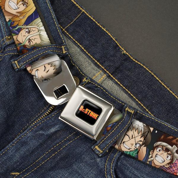 Buckle Down DR. STONE Title Logo Full Color Black/Orange Seatbelt Belt - Dr. Stone Character Group Faces Close-Up Webbing