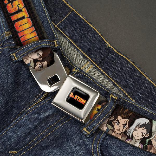 Buckle Down DR. STONE Title Logo Full Color Black/Orange Seatbelt Belt - DR. STONE Title Logo And Character Group Black Webbing