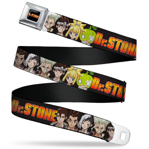 buckle down DR. STONE Title Logo Full Color Black/Orange Seatbelt Belt - DR. STONE Title Logo and Character Group Black Webbing