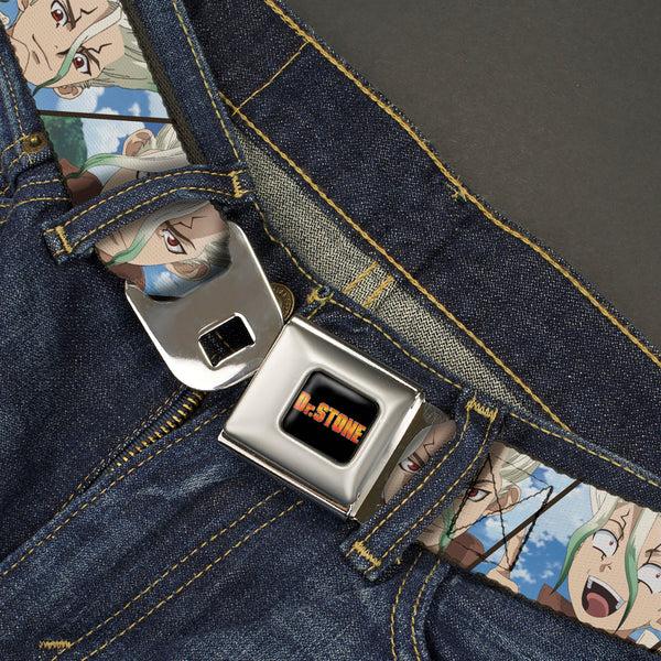 Buckle Down DR. STONE Title Logo Full Color Black/Orange Seatbelt Belt - Dr. Stone Senku Ishigami Expression Blocks Blues Webbing