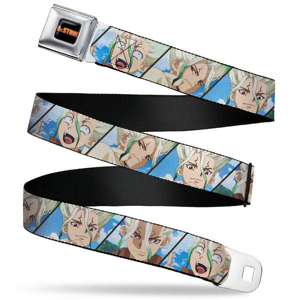 buckle down DR. STONE Title Logo Full Color Black/Orange Seatbelt Belt - Dr. Stone Senku Ishigami Expression Blocks Blues Webbing