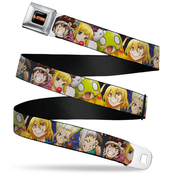 buckle down DR. STONE Title Logo Full Color Black/Orange Seatbelt Belt - Dr. Stone Character Group Faces Close-Up Webbing