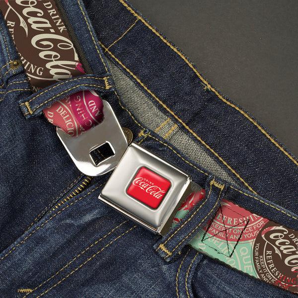 Buckle Down DRINK COCA-COLA Logo Full Color Red/White Seatbelt Belt - DRINK COCA-COLA Coke Patches Stacked Reds/Multi Color Webbing