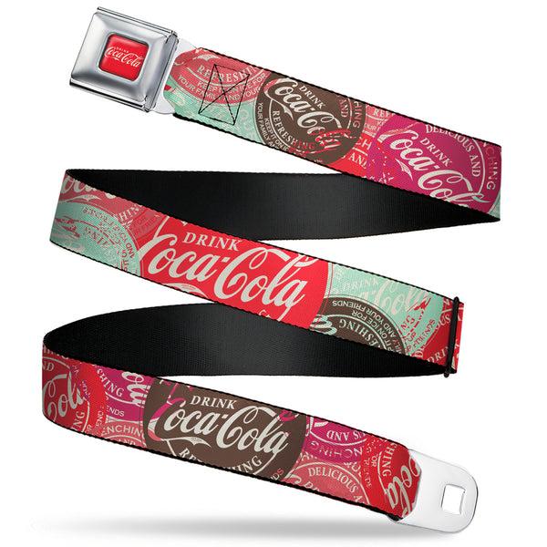 buckle down DRINK COCA-COLA Logo Full Color Red/White Seatbelt Belt - DRINK COCA-COLA Coke Patches Stacked Reds/Multi Color Webbing
