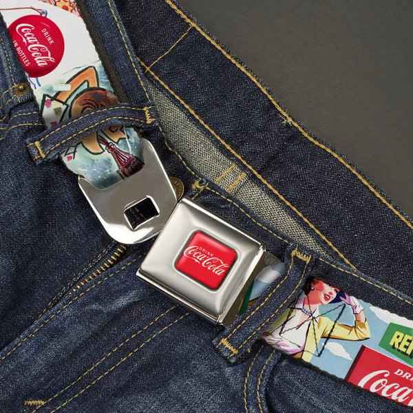 Buckle Down DRINK COCA-COLA Logo Full Color Red/White Seatbelt Belt - Vintage Coca-Cola GO REFRESHED Ads And Icons Collage Webbing