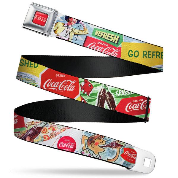 buckle down DRINK COCA-COLA Logo Full Color Red/White Seatbelt Belt - Vintage Coca-Cola GO REFRESHED Ads and Icons Collage Webbing