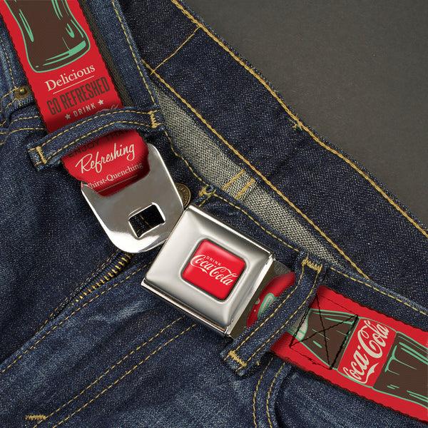 Buckle Down DRINK COCA-COLA Logo Full Color Red/White Seatbelt Belt - Vintage Coca-Cola DELICIOUS GO REFRESHED Typography And Bottle Red/Brown/White Webbing