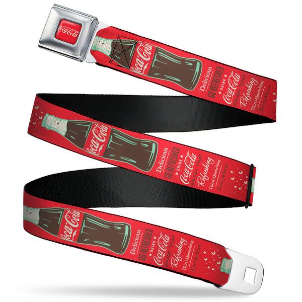 buckle down DRINK COCA-COLA Logo Full Color Red/White Seatbelt Belt - Vintage Coca-Cola DELICIOUS GO REFRESHED Typography and Bottle Red/Brown/White Webbing